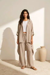 Γυναικείο Ριγέ Σετ Ζακέτα & Παντελόνα – Relaxed Boho Style - Μπεζ