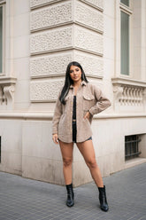 Ζακέτα πουκάμισο Μονόχρωμο Καφέ Πολυεστέρας σε Άνετη γραμμή