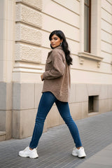 Ζακέτα πουκάμισο Μονόχρωμο Καφέ Πολυεστέρας σε Άνετη γραμμή