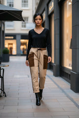 Παντελόνι από Σουέτ με Λάστιχο στη Μέση Μπεζ Καφέ