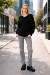 Μπλούζα με πλεκτά μανίκια Μονόχρωμο Μαύρο Βαμβακερό σε Άνετη γραμμή