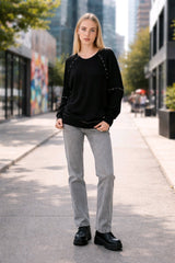 Μπλούζα με πλεκτά μανίκια Μονόχρωμο Μαύρο Βαμβακερό σε Άνετη γραμμή