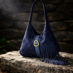 Τσάντα Ώμου Σκούρο Μπλε από Σουέτ Δέρμα με Κρόσσια