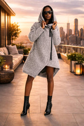 Ασύμμετρη ζακέτα μπουφάν Μονόχρωμο Γκρι Πολυεστέρας σε Φαρδιά γραμμή