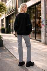 Μπλούζα με πλεκτά μανίκια Μονόχρωμο Μαύρο Βαμβακερό σε Άνετη γραμμή