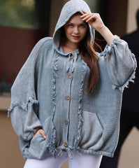 Ζακέτα με κουκούλα 100% βαμβάκι Μονόχρωμο Γκρι Βαμβακερό σε Άνετη γραμμή