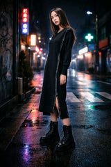 Μακρύ φόρεμα Μονόχρωμο Μαύρο Βαμβακερό σε Άνετη γραμμή