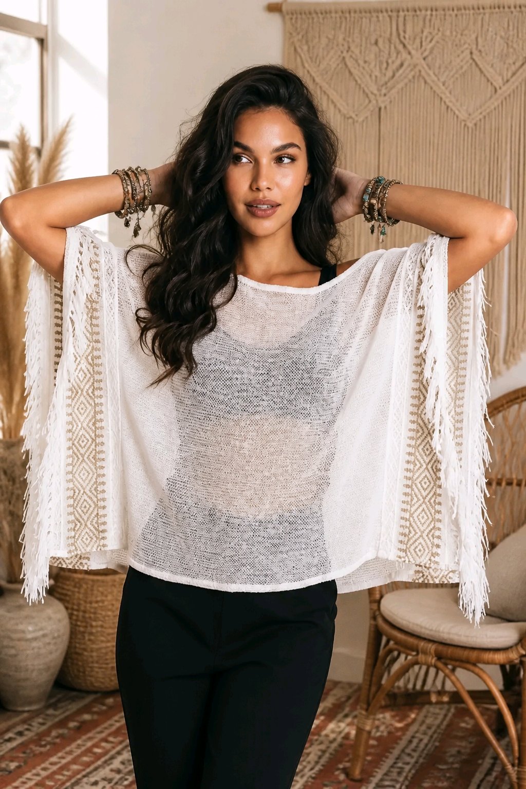 Boho Μπλούζα Cotton Gauze με Ethnic Κέντημα & Κρόσσια