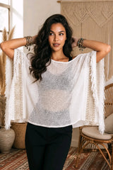Boho Μπλούζα Cotton Gauze με Ethnic Κέντημα & Κρόσσια