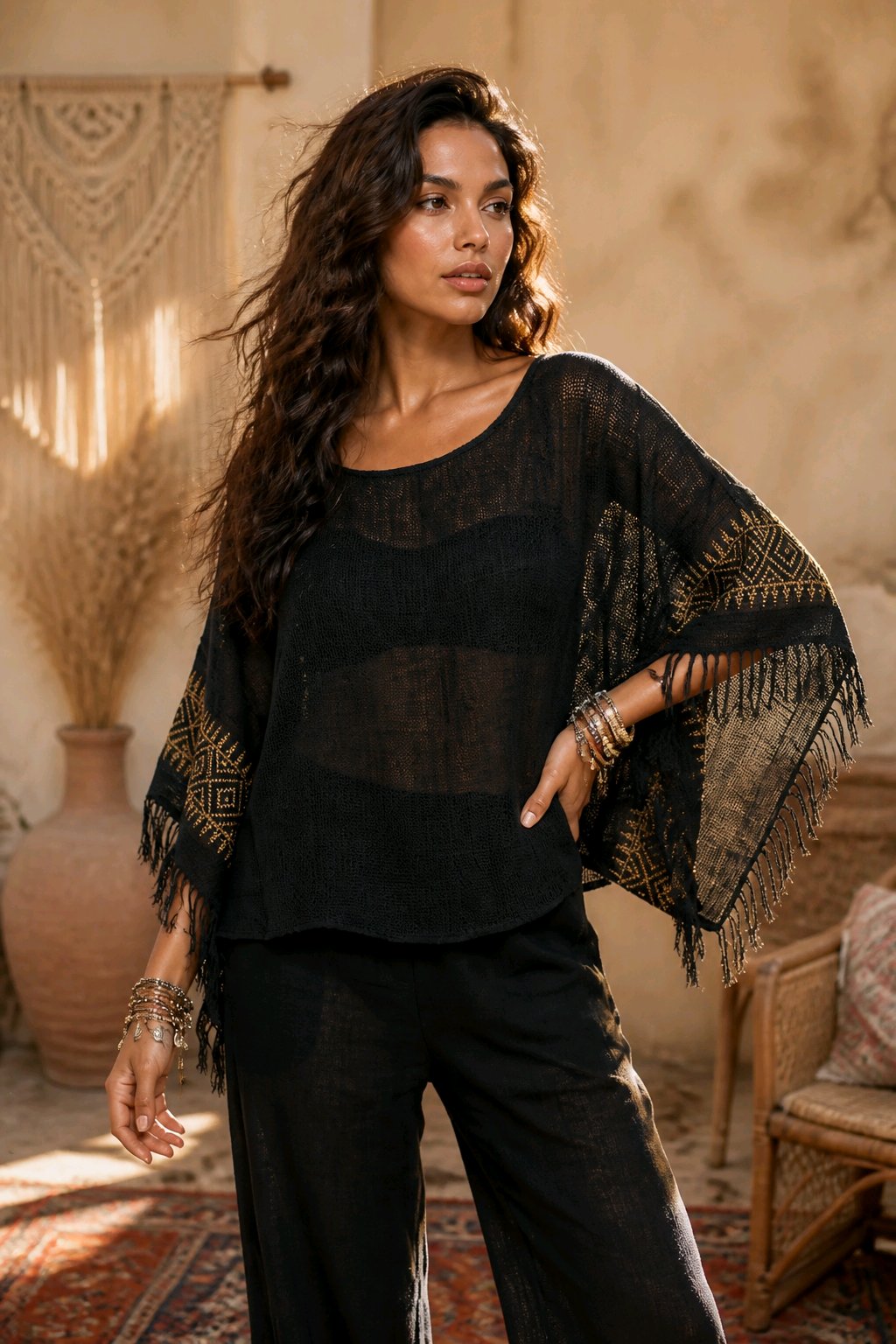 Boho Μπλούζα Cotton Gauze με Ethnic Κέντημα & Κρόσσια