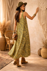 Maxi Φόρεμα Βισκόζης με Animal Print - Λαχανί Μαύρο