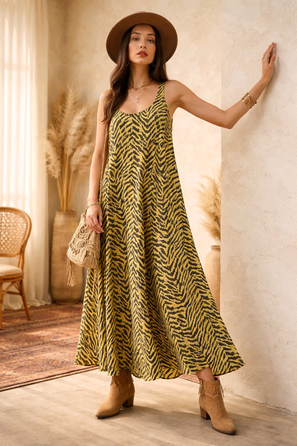 Maxi Φόρεμα Βισκόζης με Animal Print - Λαχανί Μαύρο