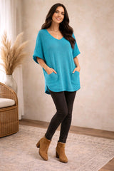 Γυναικεία Μπλούζα Λεπτής Πλέξης με Τσέπες - Μπλε