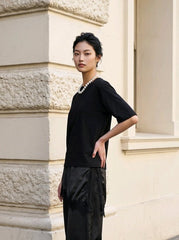 Βαμβακερή Κοντομάνικη Μπλούζα με Σατέν & Δαντέλα στο Τελείωμα - Μαύρη