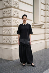 Βαμβακερή Κοντομάνικη Μπλούζα με Σατέν & Δαντέλα στο Τελείωμα - Μαύρη