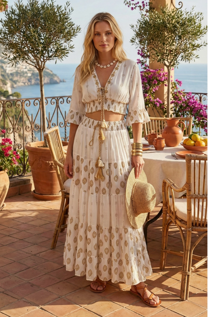 Boho Luxe Set – Χειροποίητο Κέντημα & Χρυσές Λεπτομέρειες - Λευκό / Χρυσό