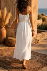 Boho Cotton Maxi Dress με Ρυθμιζόμενες Τιράντες - Λευκό