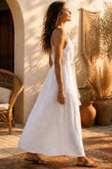 Boho Cotton Maxi Dress με Ρυθμιζόμενες Τιράντες - Λευκό