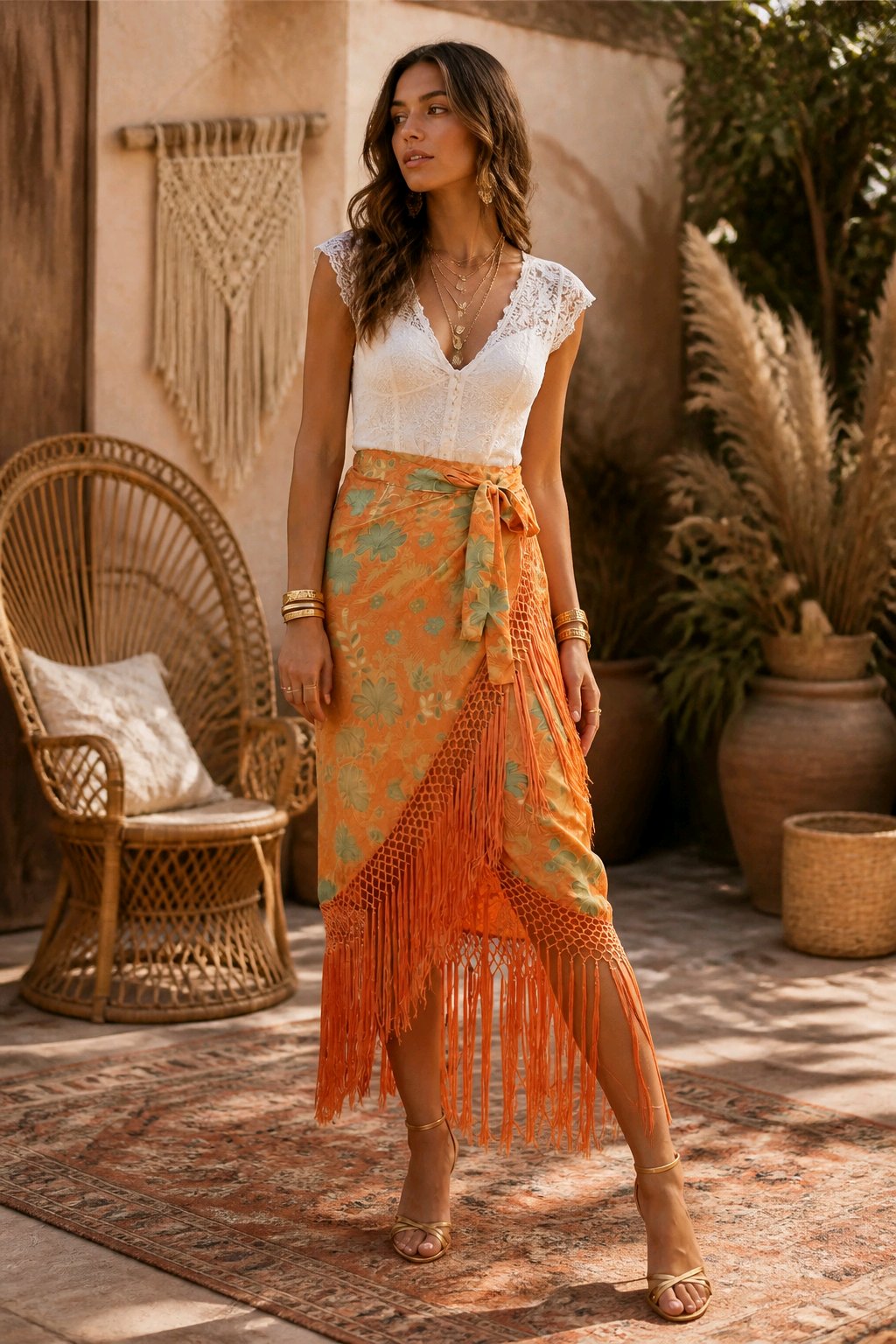 Boho Φλοράλ Wrap Φούστα με Κρόσσια - Πορτοκαλί
