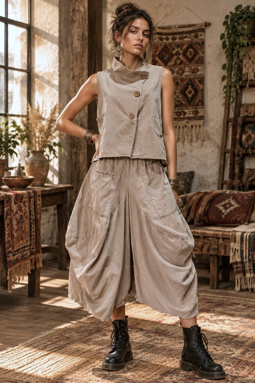Βαμβακερό Κοτλέ Σετ με Ασύμμετρο Γιλέκο & Balloon Παντελόνα