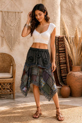 Boho Patchwork Φούστα Ασύμμετρη με Δαντελένιες Λεπτομέρειες