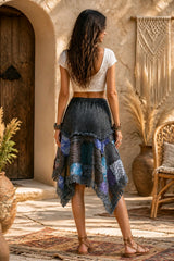 Boho Patchwork Φούστα Ασύμμετρη με Δαντελένιες Λεπτομέρειες