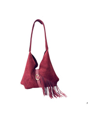 Τσάντα Ώμου Μπορντό από Σουέτ Δέρμα με Κρόσσια