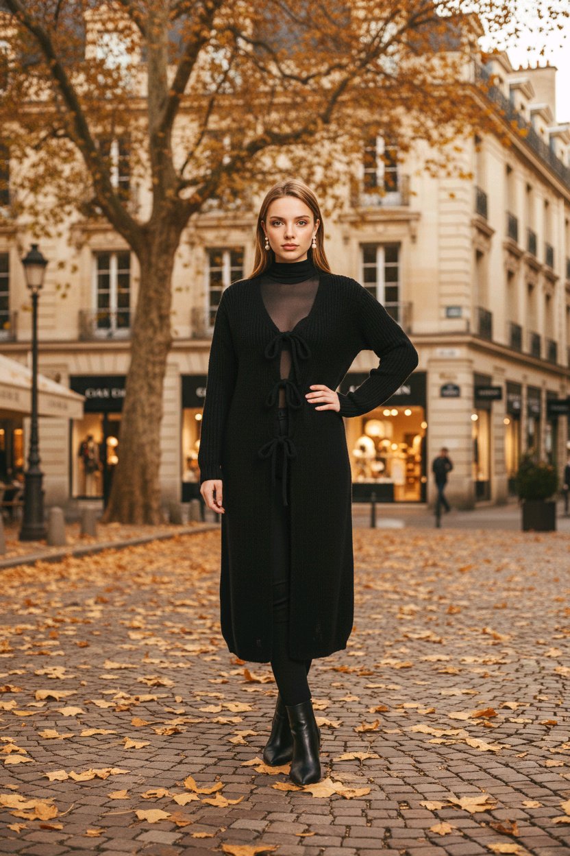 Μακριά Μάλλινη Ζακέτα με Δέσιμο Μπροστά Μαύρο Άνετη Γραμμή