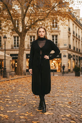 Μακριά Μάλλινη Ζακέτα με Δέσιμο Μπροστά Μαύρο Άνετη Γραμμή