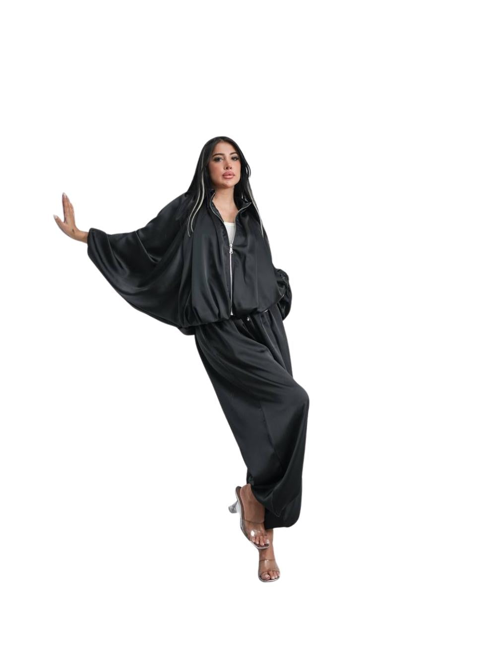 Σατέν σετ ζακέτα με παντελόνα Μονόχρωμο Μαύρο σε Άνετη γραμμή