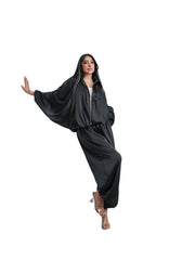 Σατέν σετ ζακέτα με παντελόνα Μονόχρωμο Μαύρο σε Άνετη γραμμή
