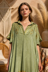 Φόρεμα Πουκαμίσα Boho με Χρυσά Ethnic Σχέδια - Sage Green
