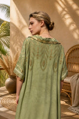 Φόρεμα Πουκαμίσα Boho με Χρυσά Ethnic Σχέδια - Sage Green