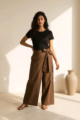 Boho Wide Leg Παντελόνι με Wrap Effect & Δέσιμο - Καφέ