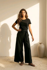 Boho Wide Leg Παντελόνι με Wrap Effect & Δέσιμο - Μαύρο
