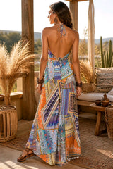 Boho Maxi Ασύμμετρο Φόρεμα 100% Βισκόζη με Patchwork Print & Ανοιχτή Πλάτη