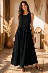 Μονόχρωμο Maxi Φόρεμα Βισκόζης με Ελαφριά Σούρα