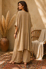 Boho σετ με αέρινη μακριά τουνίκ & παντελόνα – Sand Beige