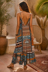 Boho Patchwork Maxi Φόρεμα Βισκόζης με Ρυθμιζόμενες Τιράντες