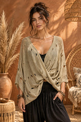 Boho Πλεκτή Μπλούζα Wrap Effect με Ντραπέ Εφαρμογή & Distressed Λεπτομέρειες