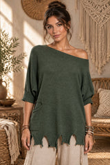 Boho Oversized Μπλούζα με Distressed Τελείωμα & Τσέπη