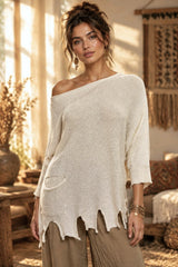 Boho Oversized Μπλούζα με Distressed Τελείωμα & Τσέπη
