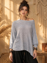 Boho Ασύμμετρη Πλεκτή Μπλούζα με Τσέπη