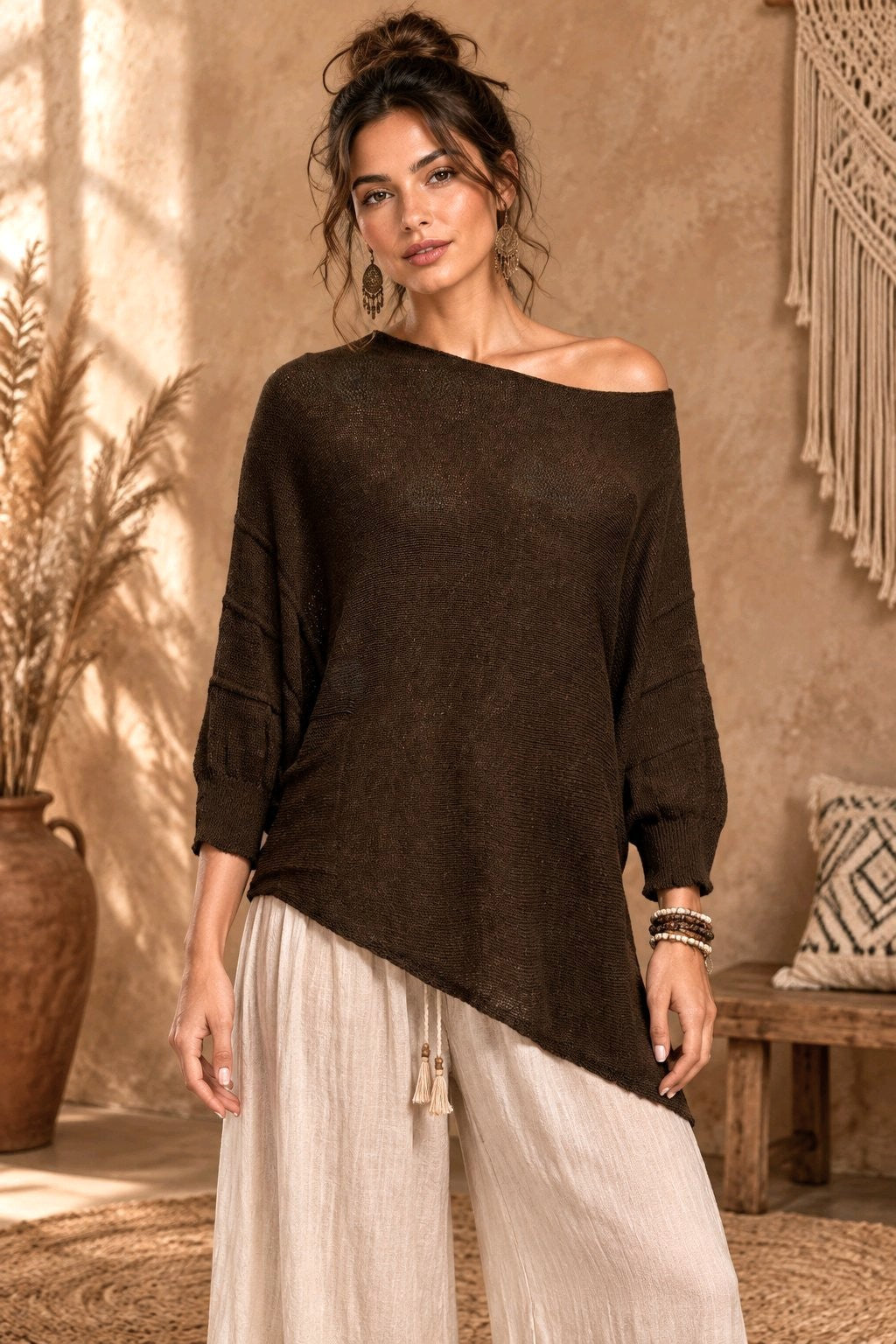 Boho Ασύμμετρη Πλεκτή Μπλούζα με Τσέπη