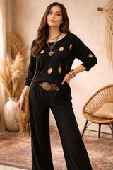 Oversized Μπλούζα Λεπτής Πλέξης με Διάτρητο Σχέδιο - Μαύρο