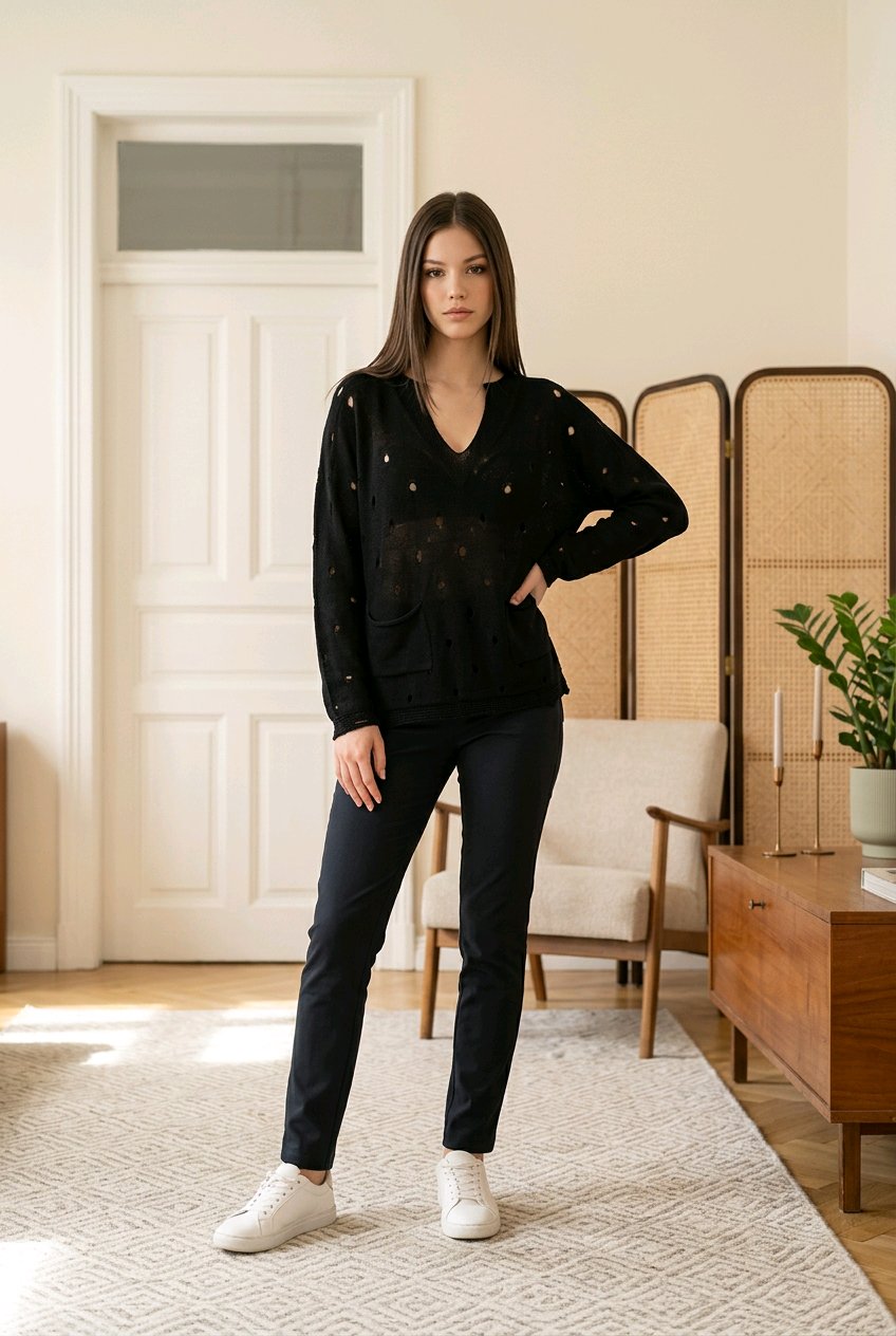 Μπλούζα Λεπτής Πλέξης με V Λαιμόκοψη & Διάτρητες Λεπτομέρειες - Μαύρο