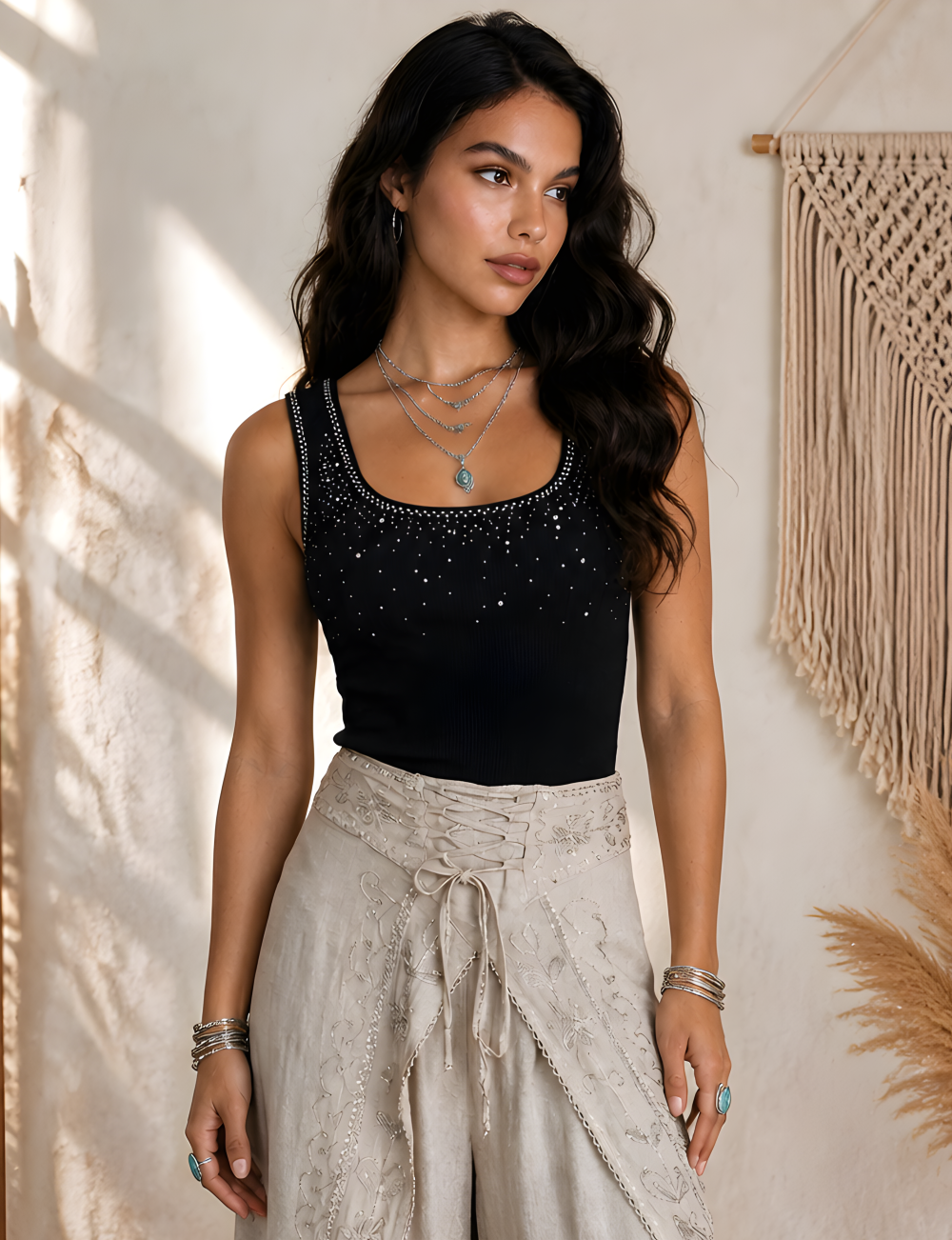 Rib Αμάνικη Μπλούζα με Διακοσμητικά Strass