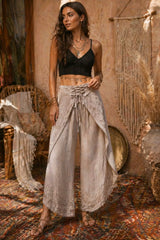 Boho παντελόνι wrap effect με κεντήματα