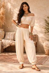 Boho Παντελόνι από Rayon με Λάστιχο & Κουμπιά στον Αστράγαλο - Butter Beige