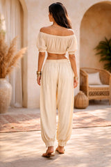 Boho Παντελόνι από Rayon με Λάστιχο & Κουμπιά στον Αστράγαλο - Butter Beige